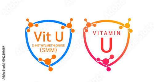 Vitamin U shield icon collection for product label design. Molecule form simple line. Isolated on a white background. Medical symbol concept. Vector EPS10 illustration.