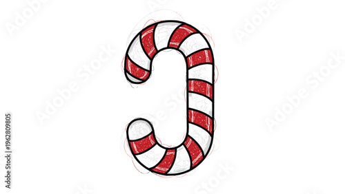 Festive candy cane with red and white stripes curved into a shape on a white background with a slightly distressed texture.
