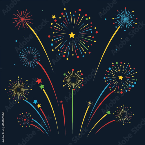 Colorful vector illustration of fireworks bursting against a dark blue background