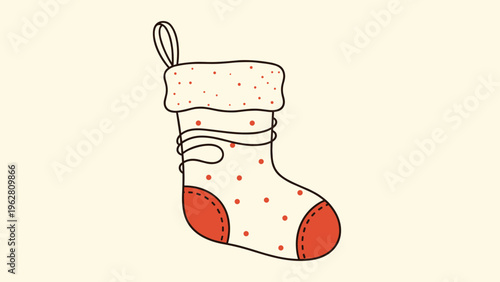 Classic Christmas stocking with a red toe and heel, white body with red polka dots, and a fluffy white trim on top.