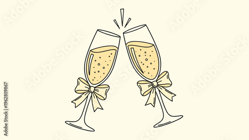 Two elegant champagne flutes with golden liquid and decorative bows clinking together in a joyous celebration toast.