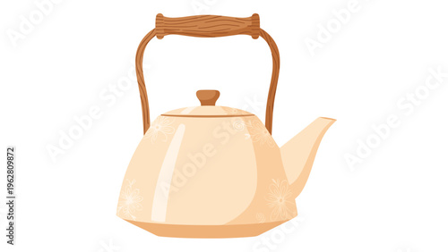 Traditional ceramic teapot with a light cream color, delicate flower pattern, and a curved wooden handle on a white background.