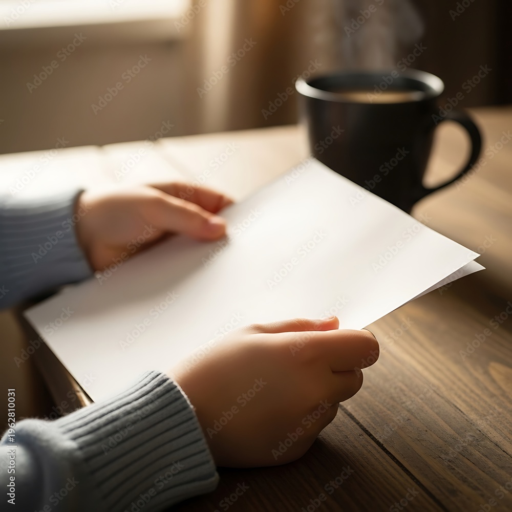 Obraz premium Reading a Letter with Coffee on a Wooden Table.