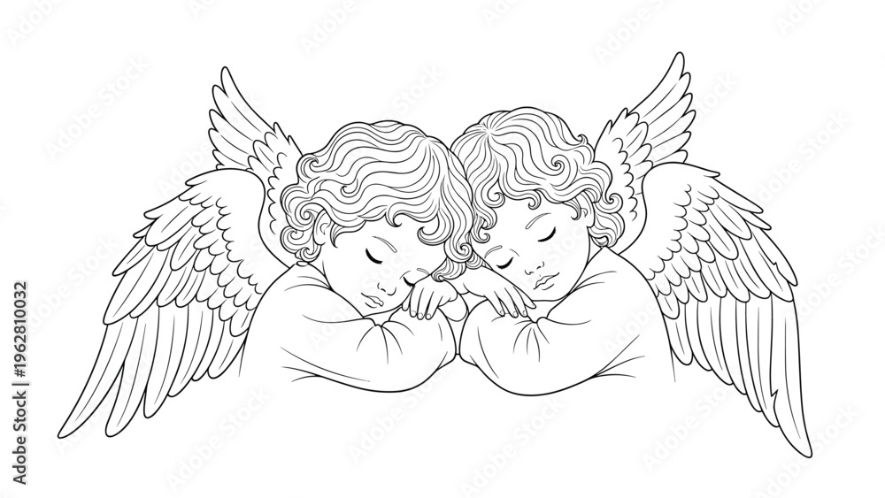 Fototapeta premium Detailed line drawing of two curly haired cherub angels peacefully sleeping with their heads resting on their arms.