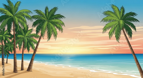 Tropical beach scene with palm trees at sunset serene ocean waves on sandy shore
