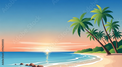 Serene beach scene with swaying palm trees at sunset calm waves on sandy shore