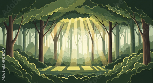 Serene forest glade with sunbeams filtering through trees lush greenery and foliage natural peaceful scenery