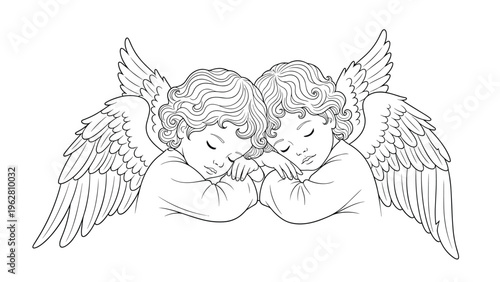Detailed line drawing of two curly haired cherub angels peacefully sleeping with their heads resting on their arms.