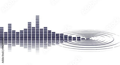 Audio equalizer bars create circular ripples on a calm surface to visually represent the concept of sound propagation, digital signal processing, and high fidelity acoustics in this design.