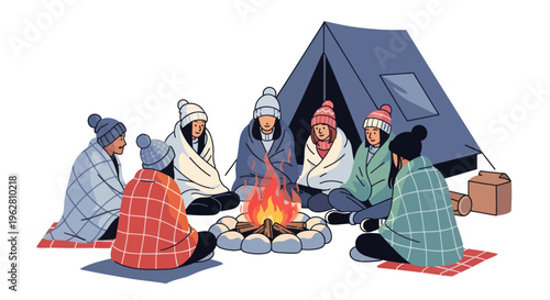 Friends sitting around campfire together.