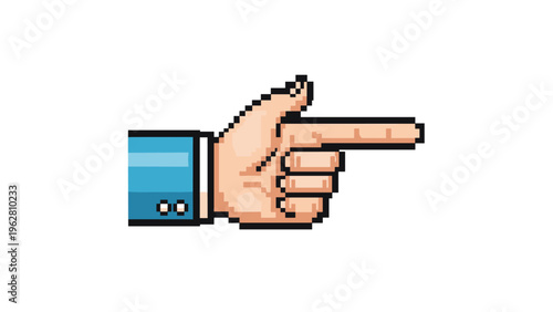 Pixelated hand in a blue business suit sleeve with the index finger pointing towards the right side of the frame.
