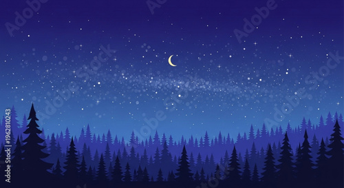 Night sky with crescent moon and stars over silhouetted pine forest landscape