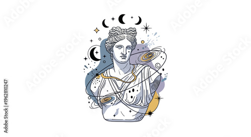 Woman with zodiac signs and moon phases.