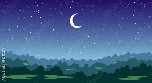 Nighttime landscape with crescent moon and stars in a serene natural setting with trees and a gradient sky