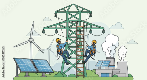 Workers climbing electricity power tower.