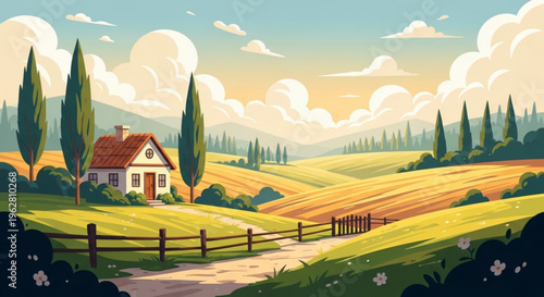 Serene countryside landscape with house rolling hills and trees under sunny sky