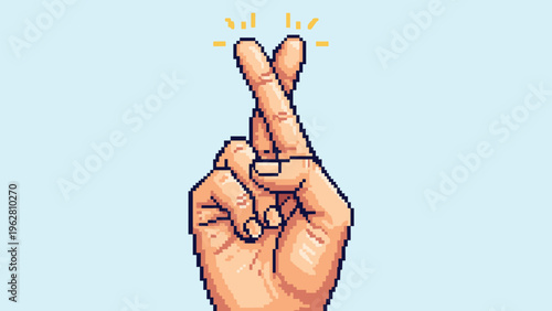 Pixelated hand with index and middle fingers crossed as a sign of luck or hope on a plain light blue background.