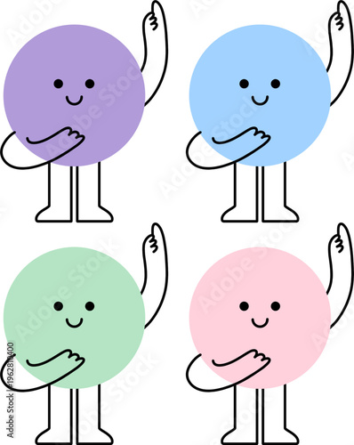 Cute Round Character Raising Hand Set, Pastel Color Mascot Illustration, Friendly Cartoon Vector Collection