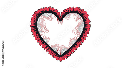 Vibrant red heart shaped frame with a ruffled outer edge and many abstract wavy line patterns in the center of the frame.