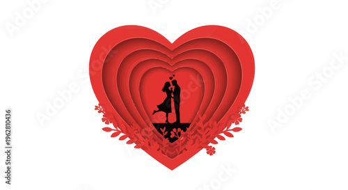 Couple Silhouette in Red Heart Shape.