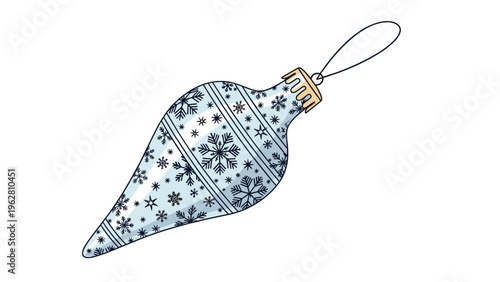 Vintage style teardrop christmas ornament with detailed snowflake patterns and golden top for holiday decoration.