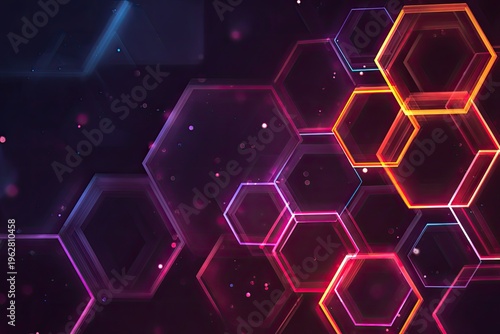 Abstract glowing hexagonal shapes with shimmering particles on dark background