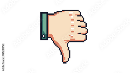 Pixel art illustration of human hand showing thumbs down sign for dislike or disapproval isolated on white background.