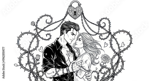 Loving couple embracing in romantic pose.