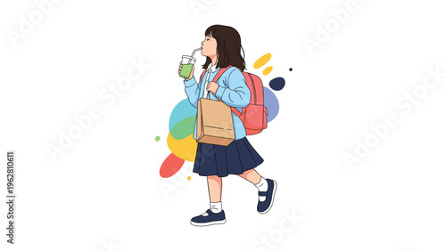 School girl in uniform walking with backpack and brown bag while drinking juice from straw on white background.