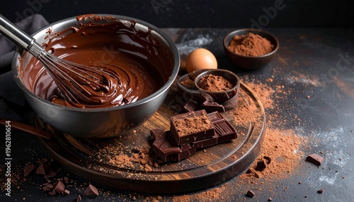 Chocolate batter being prepared with ingredients on a wooden board