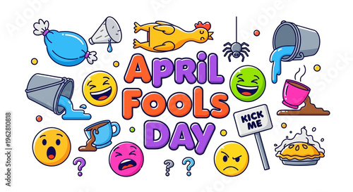 Colorful illustrations celebrating April Fools' Day with prank concepts and humor, featuring emojis and playful designs on a white background.