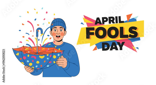 A cheerful man holding a colorful party popper and cake on April Fools' Day with a playful prank concept and humor and jokes concept in a bright and lively setting.