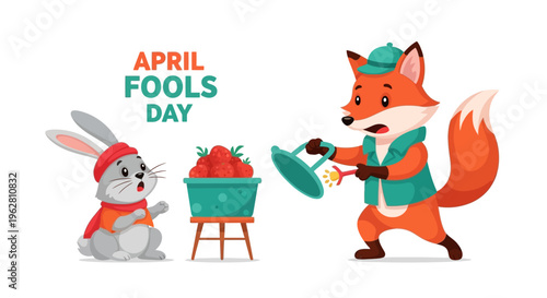 A playful cartoon fox pranks a surprised rabbit on April Fools' Day by pouring water from a watering can onto a basket of apples, conveying a lighthearted and humorous mood.