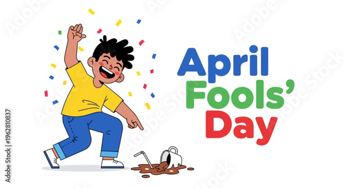 A cheerful cartoon boy celebrating April Fools' Day with a playful prank, running away with confetti around him in a colorful illustration.
