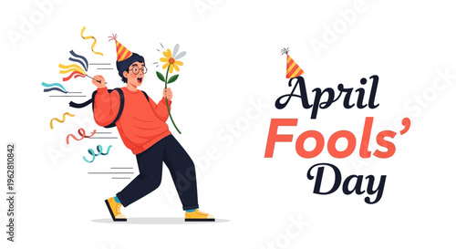 A cheerful cartoon person celebrating April Fools' Day with colorful party accessories and flowers in a playful prank concept with a joyful and humorous mood.