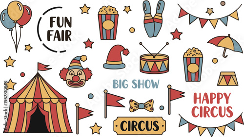 Playful Vintage Circus Retro Carnival Clipart, Illustration Cartoon Collection