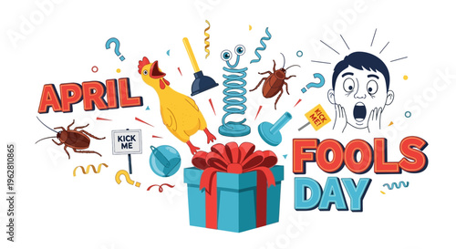 A colorful April Fools' Day design illustration featuring a surprised man, a gift box, and playful prank elements on a white background with a humorous and lighthearted mood.