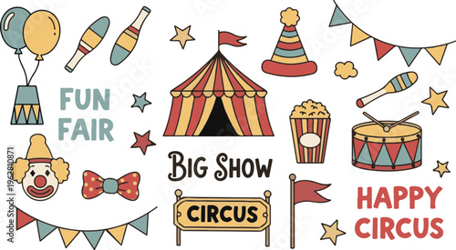 Playful Vintage Circus Retro Carnival Clipart, Illustration Cartoon Collection
