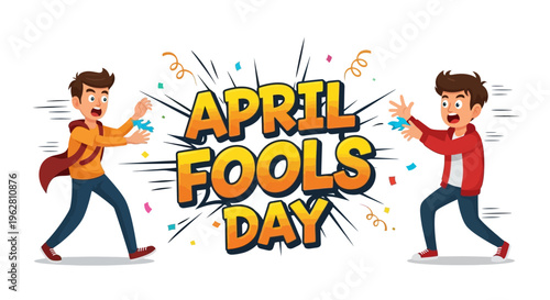 Two cartoon men engaging in a playful prank on April Fools' Day with colorful confetti and a humorous atmosphere in a flat design illustration.
