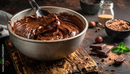 Chocolate batter being stirred in a bowl on a rustic kitchen table
