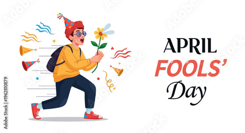 A cartoon man in a yellow shirt and red hat runs with a flower on April Fools' Day, surrounded by colorful party horns and confetti, conveying a playful prank lifestyle.