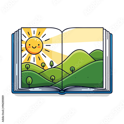 whimsical nature landscape open book cartoon illustration