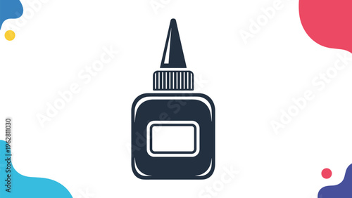 Solid dark color icon of glue bottle with label and applicator tip on white background with colorful abstract shapes.