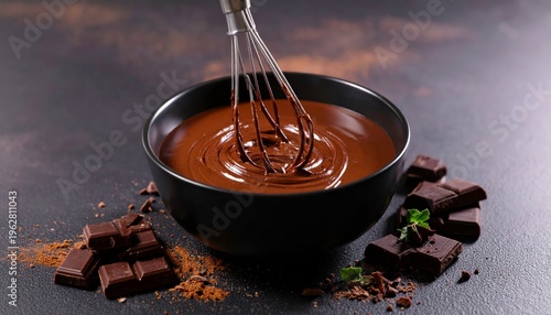 Chocolate batter being whisked in a bowl with chocolate pieces