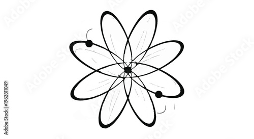 Atom symbol illustrated with stylized orbiting electrons represents the fundamental structure of matter and the core principles of quantum physics in a clean, minimalist scientific graphic.