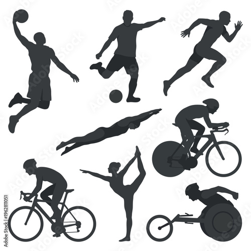 Diverse athletes in action sports silhouettes