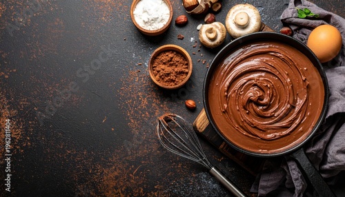Chocolate Batter in a Pan with Ingredients on a Dark Surface