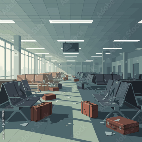 Abandoned airport terminal with scattered luggage illustration