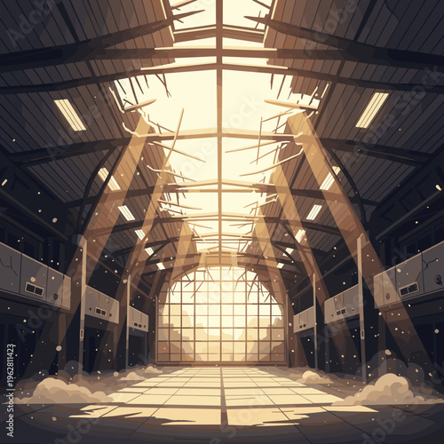 Abandoned building interior with dramatic sunlight beams and dust