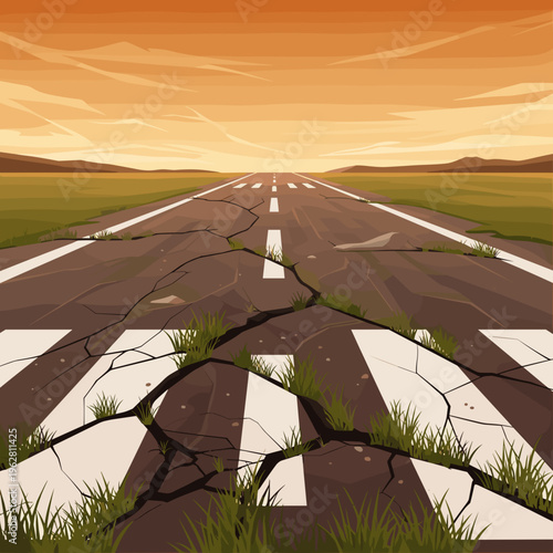 Abandoned cracked asphalt road in desert landscape at sunset